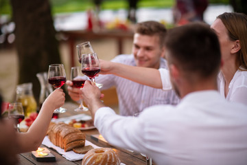 happy friends toasting red wine glass during french dinner party outdoor