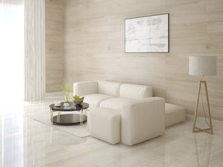 Mock up the original living room with a bright corner sofa and stylish fashionable background.