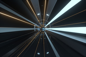 Dark tunnel with light at the end, 3d rendering.