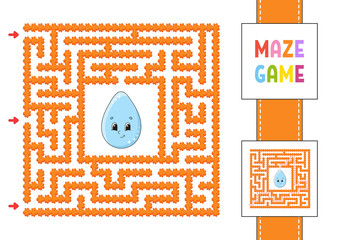 Funny square maze. Game for kids. Puzzle for children. Cartoon style. Labyrinth conundrum with character. Color vector illustration. Find the right path. With answer.