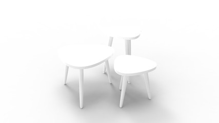 3d rendering of three coffee tables isolated in white background
