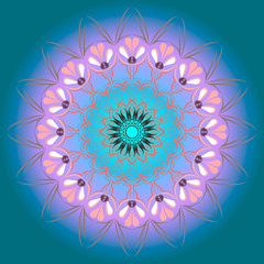 Round pattern, floral oriental motifs. Bright psychedelic colours. Design element, ethnicity, symmetry.  Pink outlines - on a blue-green background.