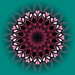  Round pattern, floral oriental motifs. Bright psychedelic colours. Design element, ethnicity, symmetry.  Pink outlines - on a blue-green background.