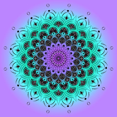 Round pattern, floral oriental motifs. Bright colours. Design element, ethnicity, symmetry. Black outlines with elements - on a blue-violet background.