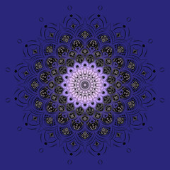 Round pattern, floral oriental motifs. Bright colours. Design element, ethnicity, symmetry.  Black outlines with elements - on a blue-violet background.