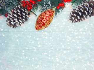 winter background with fir branches decor and snow