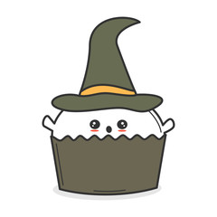 cute cartoon vector ghost with witch hat cupcake funny halloween illustration isolated on white background
