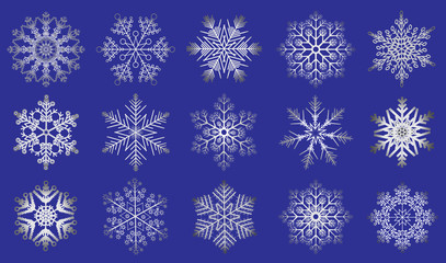 Vector set of 15 silver snowflakes on a blue background. Christmas and New Year snow flakes collection.