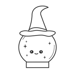 cute cartoon black and white vector character crystal ball with witch hat funny halloween illustration for coloring art