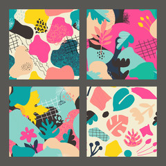 Set of vector colorful collage contemporary natural seamless patterns. Modern abstract shapes, hand drawn textures