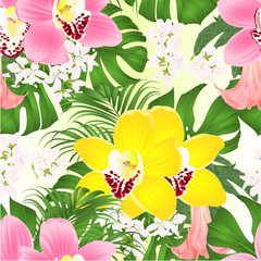 Seamless texture bouquet with tropical flowers  floral arrangement, with beautiful pink and  yellow orchids cymbidium, palm,philodendron and Brugmansia  vintage vector illustration  editable hand draw