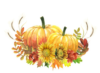 Watercolor two pumpkins and sunflowers isolated on white. Clip art for Thanksgiving day or Autumn Harvest Festival