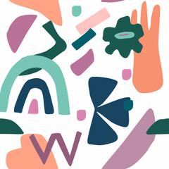 Abstract contemporary seamless pattern. Hand drawn or doodle various crossing shapes. Colorful vector illustration in trendy style for print, poster, banner, card, flyer, cover.