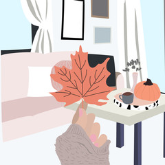 Hygge autumn illustration of happy person with orange leaf in cozy interior in trendy Scandinavian style. Flat vector for print, poster, banner, card.