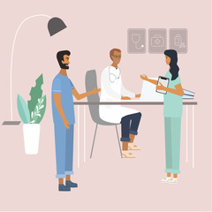 Doctors and nurses discussing and talking at the clinic. Teamwork of medical specialists . Flat  vector illustration in cartoon style for web, medical office, clinics, laboratory