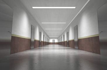 long corridor with doors, interior visualization, 3D illustration