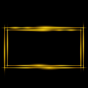 Golden frame with lights effects,Shining luxury banner vector illustration. Glow line golden frame with sparks and spotlight light effects. Shining rectangle banner isolated on black transparent