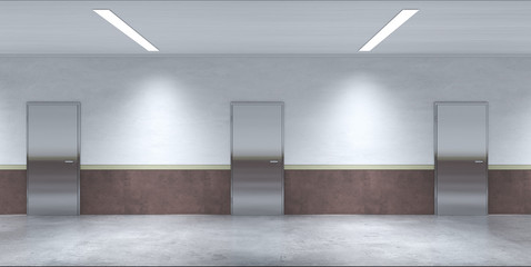 long corridor with doors, interior visualization, 3D illustration