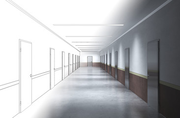 long corridor with doors, interior visualization, 3D illustration