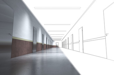 long corridor with doors, interior visualization, 3D illustration