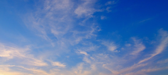 Fluffy clouds in the blue sky. Wide photo.