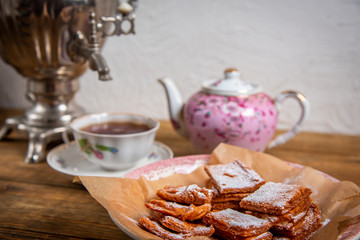 Russian tea party. Autumn still life. Samovar