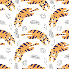 Cute tigers lay, cartoon vector seamless pattern for children. Print for textile, fabric, wallpaper, paper. 