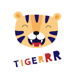 Cute tiger face, cartoon vector illustration for kids. Print for t-shirt, poster, postcard.