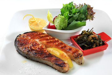 grilled salmon white background