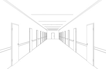 long corridor with doors, contour visualization, 3D illustration, sketch, outline