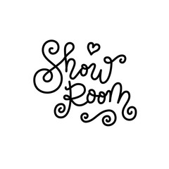 Modern calligraphy lettering of Show Room in black decorated with swirls and heart isolated on white background