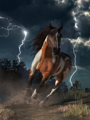 Panele Szklane  Gdy z nieba trzaska grzmot i piorun spływa z nieba, dziki koń amerykańskiego zachodu wbija się w ziemię, galopując przez dzikie ostępy. Renderowanie 3D