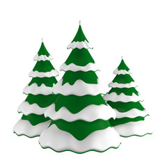 Christmas trees in the snow. Isolated over white background. 3D illustration