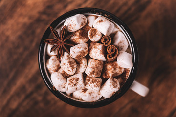 Mug of hot chocolate with marshmallows on wooden background. Сinnamon and star anise.