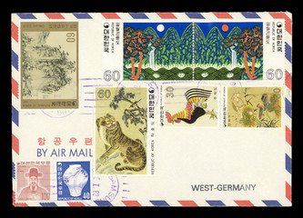 Luftpost airmail Südkorea South Korea vintage retro Briefmarken stamps Umschlag envelope Vögel Tiger Vase Republik Hahn Landschaft Wasserfall