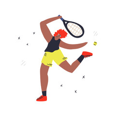 Female athlete playing tennis flat handdrawn illustration. Young girl hitting backhand volley cartoon character. Professional sportsman in motion. Sport training concept. T shirt print design