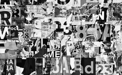 Papier Peint photo Noir et blanc Affiches de publicité de rue déchirée texture de fond de collage froissé froissé papier déchiré toile de fond plaque de surface