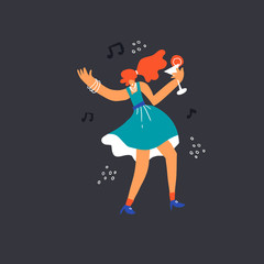 Dancing girl with cocktail flat vector illustration. Red haired young woman having fun in club cartoon character. Dancer hand drawn clipart. Nightlife and disco concept. Party, concert design element