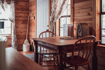 Dining table in a cabin in the woods