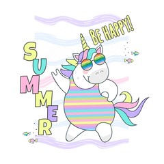 vector illustration of a cute magic unicorn on the beach, children's print on t-shirt