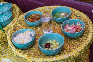 Fototapeta premium Delicious thai food set served on bamboo plate. lunch and or dinner set of culture thai food. present for traveler and tourist.