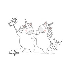 Vector illustration of two cute unicorn make selfie. Sweet magic with a unicorn, rainbow, stars.