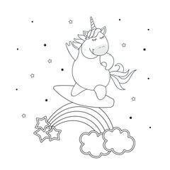 Vector illustration of cute unicorn surfer, sweet magic with unicorn. Vector illustration lines for coloring.Isolated on white background.