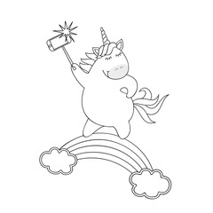 Сute unicorn makes selfie.Sweet magic with a unicorn, rainbow, stars.Vector illustration lines for coloring.Isolated on white background.