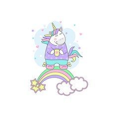 Obraz na płótnie Canvas Vector illustration of a cute unicorn magic with a Cup of coffee and a rainbow. Children's print on the shirt. Cute cartoon style Doodle unicorn with quote.