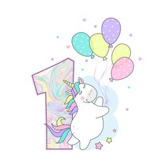 vector illustration of a cute unicorn with balloons, number one, birthday card