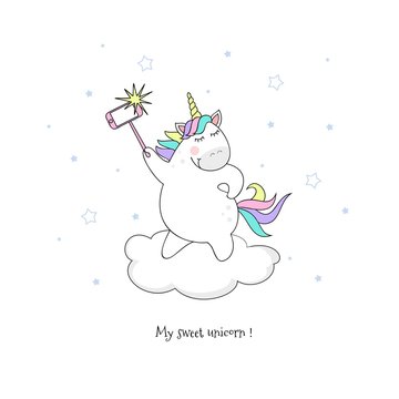 Сute unicorn makes selfie.Sweet magic with a unicorn, rainbow, stars.Vector illustration.