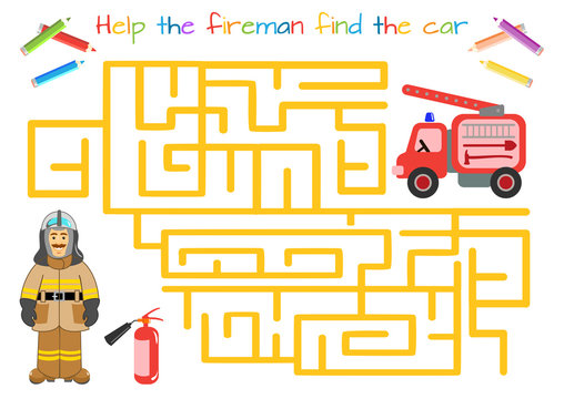 Character for training: firefighter, fireman. Labyrinth, maze. Man in firefighter uniform Educational game for children. Cartoon vector illustration