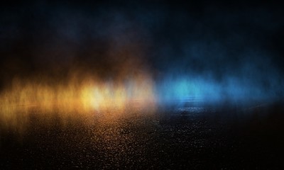 Wet asphalt, reflection of neon lights, a searchlight, smoke. Abstract light in a dark empty street with smoke, smog. Dark background scene of empty street, night view,