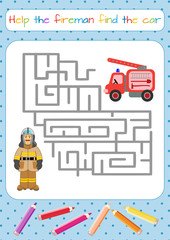 Character for training: firefighter, fireman. Labyrinth, maze. Man in firefighter uniform Educational game for children. Cartoon vector illustration